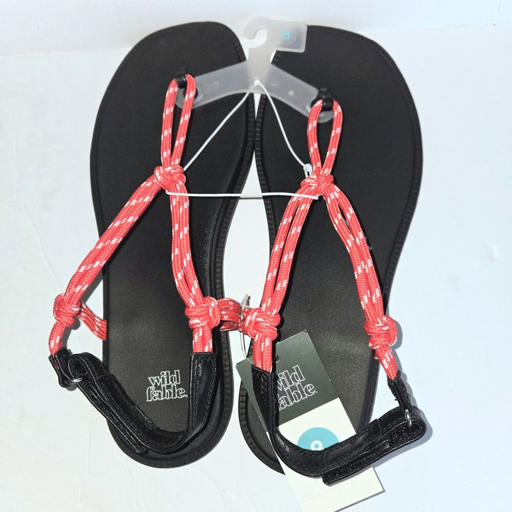 WILD FABLE Sandals Flat Ankle Strap Knotted Rope Red/Black Women 8 US NEW NWT